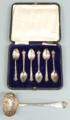 Cased set of six hallmarked silver teaspoons spoons and a Georgian hallmarked silver sifter ladle,
