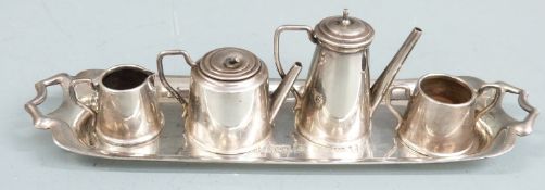 Novelty hallmarked silver tea, coffee or similar set on tray comprising tray, tea, coffee or similar