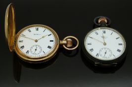 Two Waltham keyless winding pocket watches, one gold plated full hunter the other hallmarked