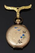 Continental 14ct gold keyless winding open faced ladies fob watch with enamel inlaid and engraved