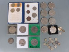 A collection of silver three penny coins, an 1888 Jubilee halfcrown together with some modern