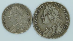 George II 1758 old head shilling together with a 1757 sixpence with semee of hearts