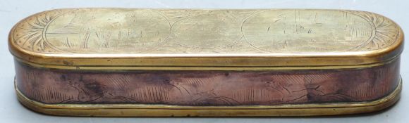 18thC Dutch brass and copper tobacco box with hinged lid and etched decoration and text to both