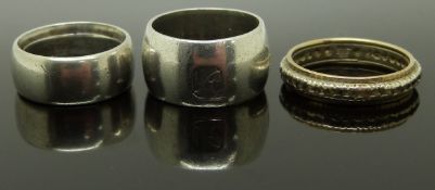 A 9ct gold eternity ring (3g), silver ring with feature hallmarks and white metal ring, size N/O