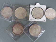 Six Canadian silver dollars 1961, 1963, 1964, 1965, 1966 and 1967