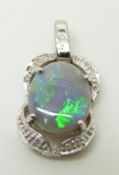 A 9ct white gold pendant set with a black opal and diamonds, 1.7g