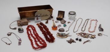 A collection of jewellery including silver, coral, pearl necklace, bird brooch, lighter, etc