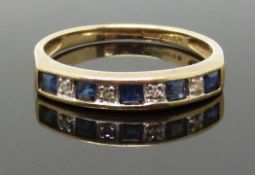 A 9ct gold half eternity ring set with square sapphires and diamonds, size N, 1.75g