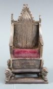 Novelty miniature hallmarked silver Edward VII coronation throne with padded seat, London 1901 maker