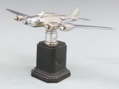 Chrome four engine aircraft vintage car mascot, wingspan 22cm, on black display base