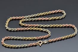 A 9ct tri-coloured rope twist necklace, 4.4g