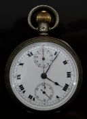 Swiss hallmarked silver keyless winding open faced chronograph pocket watch with inset subsidiary