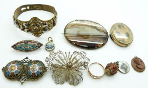 Victorian cut steel bracelet, 9ct gold ring (1.6g), micro mosaic brooch and pendant, lava cameo,