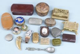 Eighteen collectable boxes, mainly metal, to include micro mosaic floral example, novelty monkey