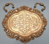 19thC bronze or similar twin handled cast tray with pierced decoration and handles, length 40cm
