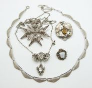 Arts & Crafts style white metal pendant/ brooch, Victorian paste necklace, silver necklace etc