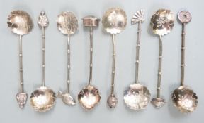 Set of sixChinese white metal teaspoons with fan, building and other finials, maked Sterling