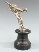 Rolls Royce Spirit of Ecstasy mascot in nickel silver for 20hp car, on black turned base, height