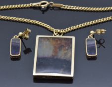 A 9ct gold pendant set with a rectangular section of blue john on 9ct gold chain with similar