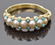 Victorian yellow metal ring set with split pearls and turquoise with an engraved chased band, size