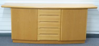 Skovby retro light elm or similar sideboard with bow fronted top and four drawers flanked by two