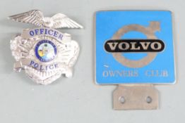 Volvo Owners Club enamel car badge, height 9cm together with a State of Florida Police Officer