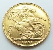 Queen Victoria 1891 Jubilee head gold full sovereign