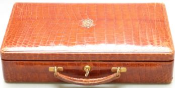 J.C. Vickery crocodile skin travelling jewellery case with two fold out sections and Bramah lock,
