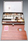Winsor and Newton painting set with integral mahogany palette, oils, charcoal, palette knife,