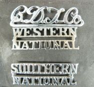 Cheltenham District Traction Company chrome cap badge together with Western National and Southern