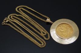 A 1911 gold half sovereign in 9ct gold pendant on 9ct gold chain, 12.1g