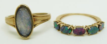Two 9ct gold rings set with opal triplets, size M & N, 3.3g