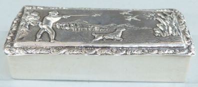 Early 20th century hallmarked silver trinket box with embossed shooting scene to lid, Chester
