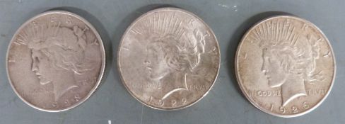 Three USA Liberty/peace silver dollars, 1922, 1923 and 1926