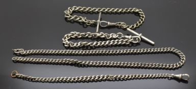 Four sections of hallmarked silver Alberts, two made into bracelets, 92g