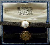 Two ladies wristwatches, one Bucherer 18ct gold with gold hands, baton markers and silver dial, on