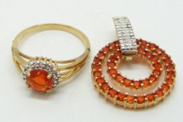 A 9ct gold ring set with a round cut Mexican fire opal and white sapphires and a 9ct gold pendant