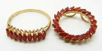 A 9ct gold ring set with marquise cut Salamanca fire opals and a matching ring, 3.8g, size S