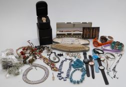 A collection of costume jewellery including Emporio Armani watch, silver necklace, Lotus pearls, etc