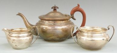 George V hallmarked silver three piece teaset, Birmingham 1931 maker William Adams Ltd, length of