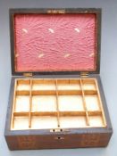 Tunbridgeware walnut workbox with lift out tray, width 27cm