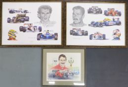 Three prints relating to Formula 1 motor racing, two relating to Nigel Mansell the other Ayrton