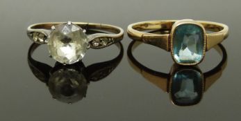 A 9ct gold ring set with an zircon and a paste ring, sizes M & Q