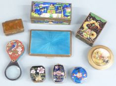Nine mainly enamel boxes and other items to include Chinese magnifier and matchbox holder, agate box