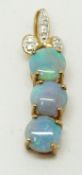 A 9ct gold pendant set with three round cut black opal cabochons and diamonds, 1.4g