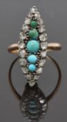 Victorian marquise shaped ring set with turquoise cabochons and rose cut diamonds, 2.9g, size M