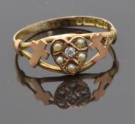 Victorian 9ct gold ring set with a diamond and seed pearls in a heart shaped setting, with an anchor