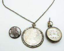 Maria Theresa silver coin in pendant mount, a white metal chain,a silver fob watch and silver