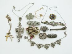 A collection of silver brooches including paste, marcasite and Jewelcraft, silver necklaces, 9ct