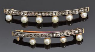 Two Victorian brooches set with rose cut diamonds and pearls, 3.5 & 4.5cm